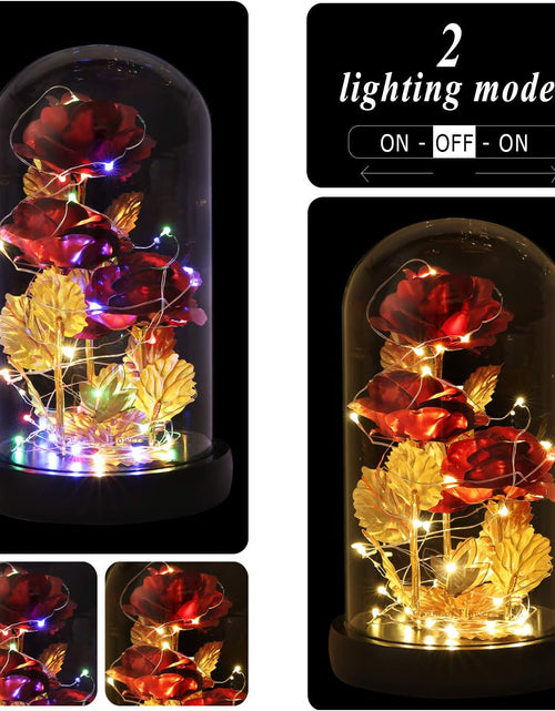 Load image into Gallery viewer, Christmas Rose Gifts for Her Beauty and the Beast Rose 24K Red Rose in Glass Dome, Light up Rose, Forever Artificial Flowers, Enchanted Red Rose Gift for Her on Valentines Day Wedding Anniversary