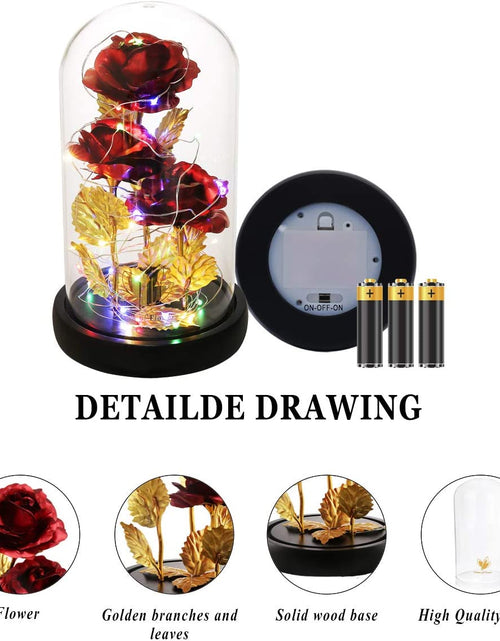 Load image into Gallery viewer, Christmas Rose Gifts for Her Beauty and the Beast Rose 24K Red Rose in Glass Dome, Light up Rose, Forever Artificial Flowers, Enchanted Red Rose Gift for Her on Valentines Day Wedding Anniversary
