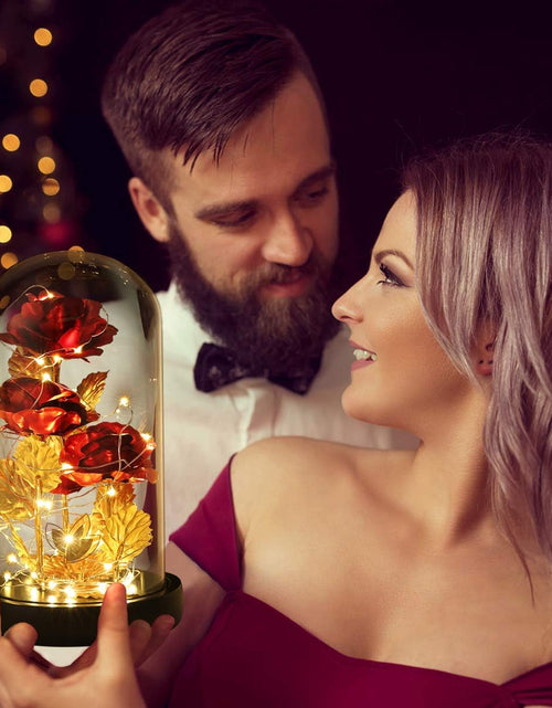 Load image into Gallery viewer, Christmas Rose Gifts for Her Beauty and the Beast Rose 24K Red Rose in Glass Dome, Light up Rose, Forever Artificial Flowers, Enchanted Red Rose Gift for Her on Valentines Day Wedding Anniversary