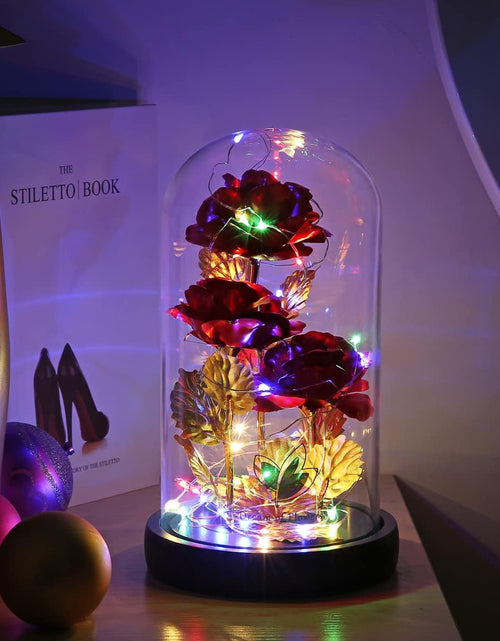 Load image into Gallery viewer, Christmas Rose Gifts for Her Beauty and the Beast Rose 24K Red Rose in Glass Dome, Light up Rose, Forever Artificial Flowers, Enchanted Red Rose Gift for Her on Valentines Day Wedding Anniversary