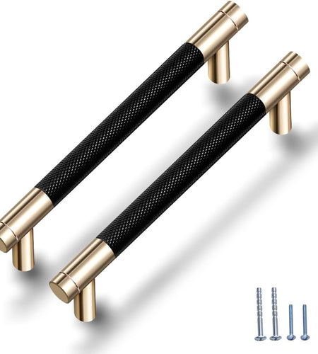 12 Pack 5 Inch 128 Mm Knurled Cabinet Handles Cabinet Pulls Aluminum Handles Knurled Drawer Pulls Gold and Black Oxidation Finish with Diamond Pattern 6.2" Length (5" Hole Center)