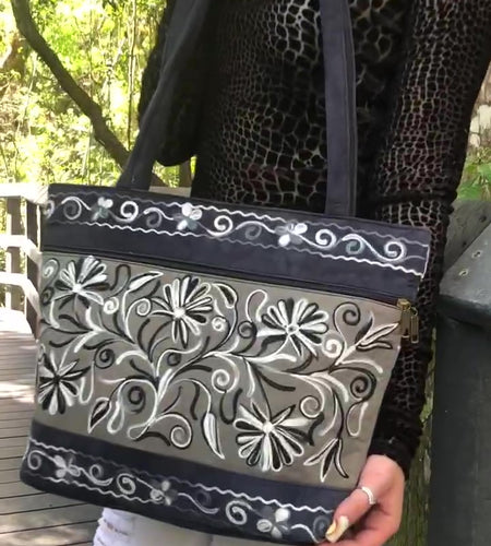Handmade Grey and Navy Suede Embroidered Tote Bag