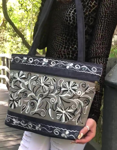 Load image into Gallery viewer, Handmade Grey and Navy Suede Embroidered Tote Bag
