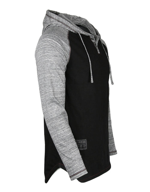 Load image into Gallery viewer, ZIMEGO Long Sleeve Raglan Henley Round Bottom Hood T-Shirts - BLACK / BLACK
