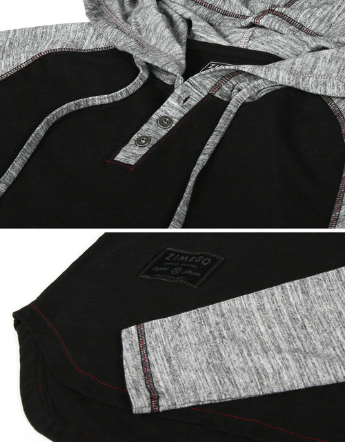 Load image into Gallery viewer, ZIMEGO Long Sleeve Raglan Henley Round Bottom Hood T-Shirts - BLACK / BLACK
