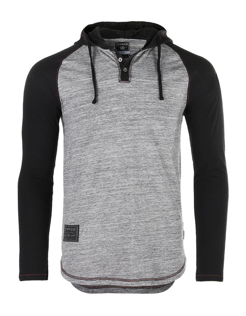Load image into Gallery viewer, ZIMEGO Long Sleeve Raglan Henley Round Bottom Hood T-Shirts - BLACK / BLACK
