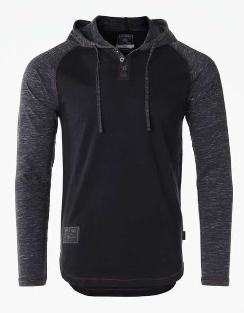 Load image into Gallery viewer, ZIMEGO Long Sleeve Raglan Henley Round Bottom Hood T-Shirts - BLACK / BLACK
