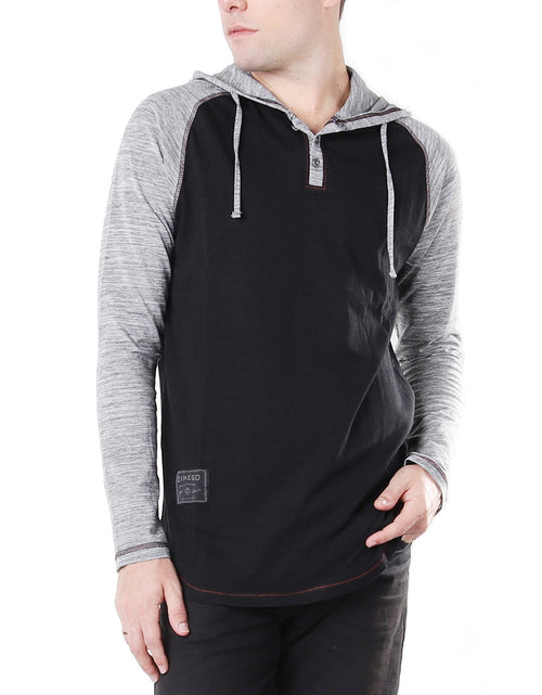 Load image into Gallery viewer, ZIMEGO Long Sleeve Raglan Henley Round Bottom Hood T-Shirts - BLACK / BLACK
