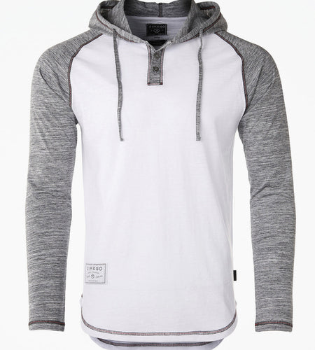 ZIMEGO Long Sleeve Raglan Henley Round Bottom Hood T-Shirts - BLACK / BLACK