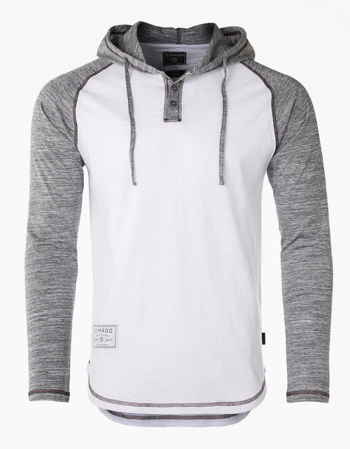 Load image into Gallery viewer, ZIMEGO Long Sleeve Raglan Henley Round Bottom Hood T-Shirts - BLACK / BLACK
