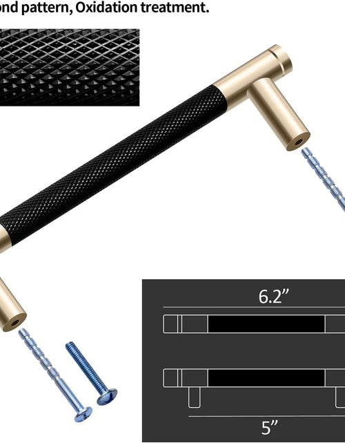 Load image into Gallery viewer, 12 Pack 5 Inch 128 Mm Knurled Cabinet Handles Cabinet Pulls Aluminum Handles Knurled Drawer Pulls Gold and Black Oxidation Finish with Diamond Pattern 6.2&quot; Length (5&quot; Hole Center)

