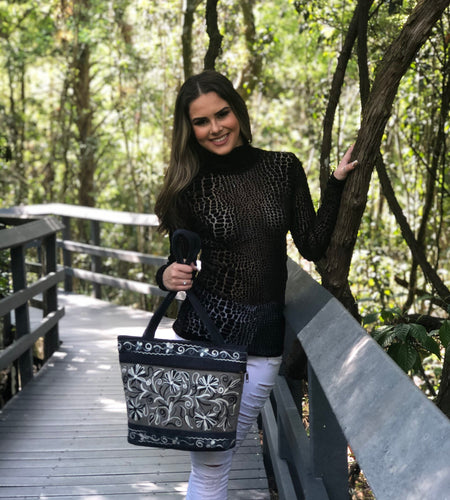 Handmade Grey and Navy Suede Embroidered Tote Bag