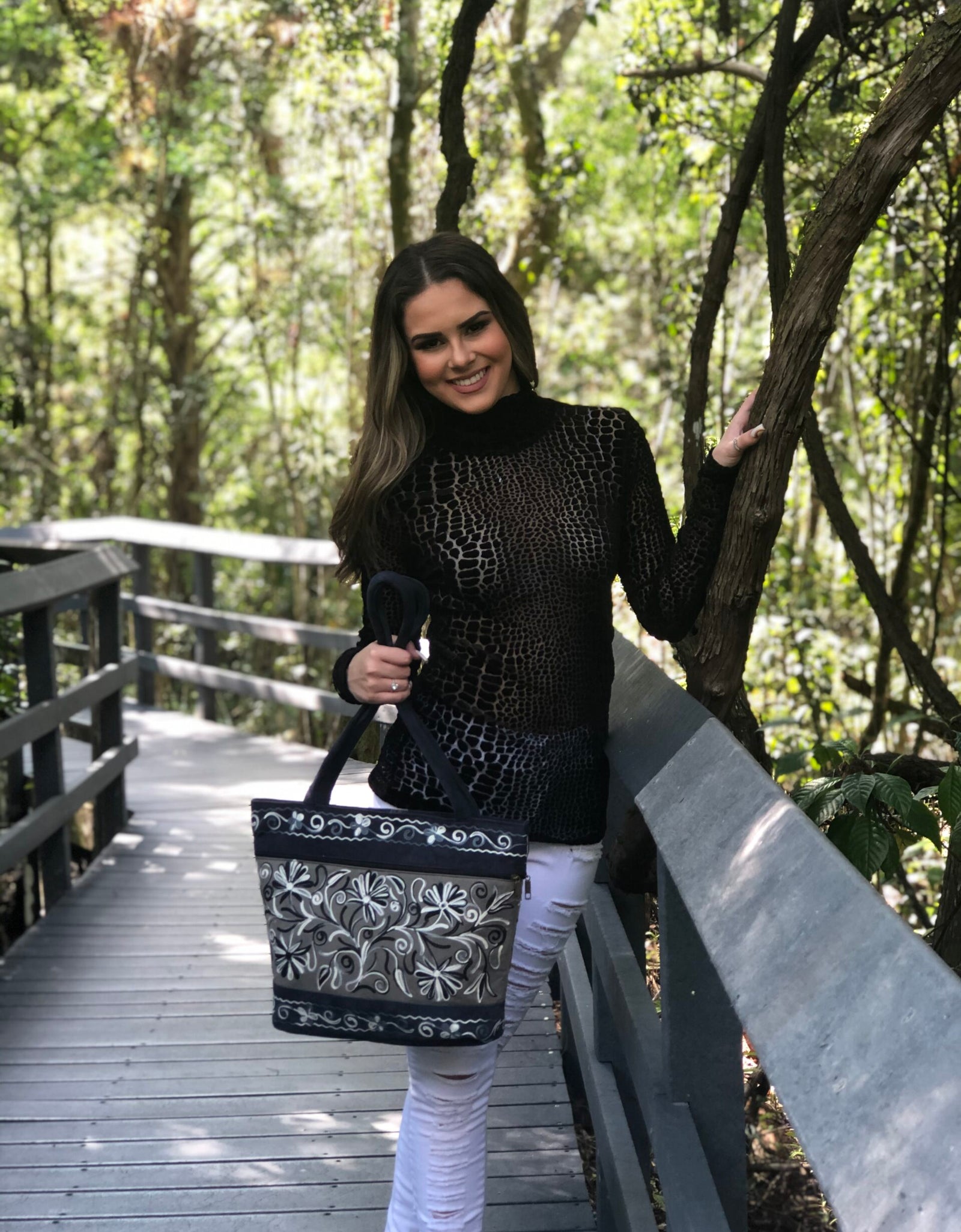 Handmade Grey and Navy Suede Embroidered Tote Bag
