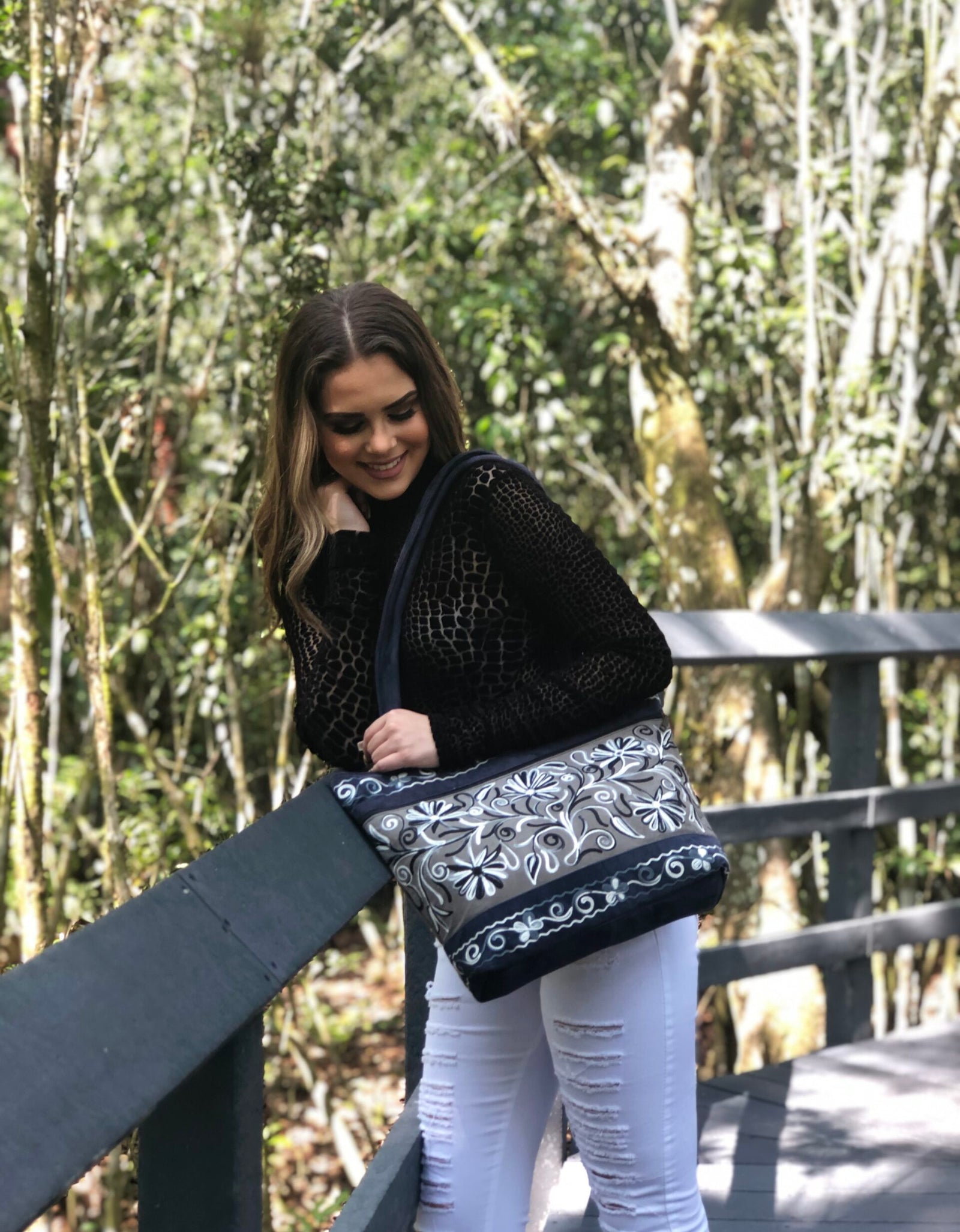 Handmade Grey and Navy Suede Embroidered Tote Bag